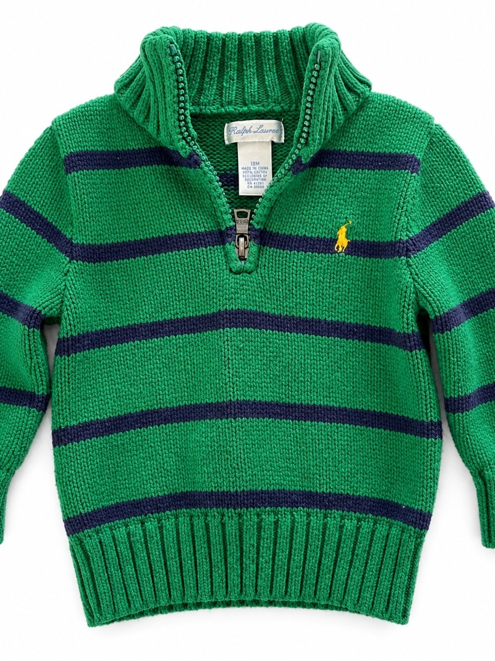 Ralph Lauren Green Striped Half-Zip Sweater with Polo Pony